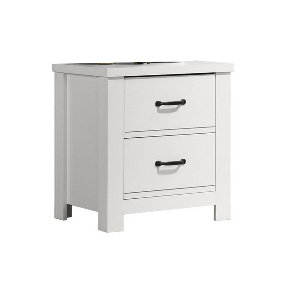 Jermy 22 Inch Nightstand, 2 Drawers, Black Handles, Crisp White Finish - BM302230