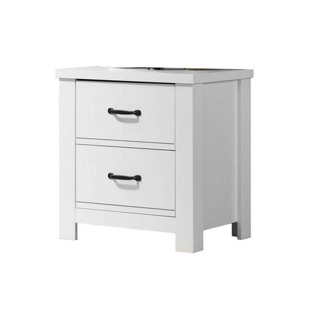 Jermy 22 Inch Nightstand, 2 Drawers, Black Handles, Crisp White Finish - BM302230