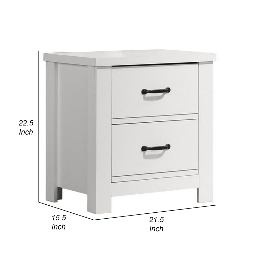 Jermy 22 Inch Nightstand, 2 Drawers, Black Handles, Crisp White Finish - BM302230