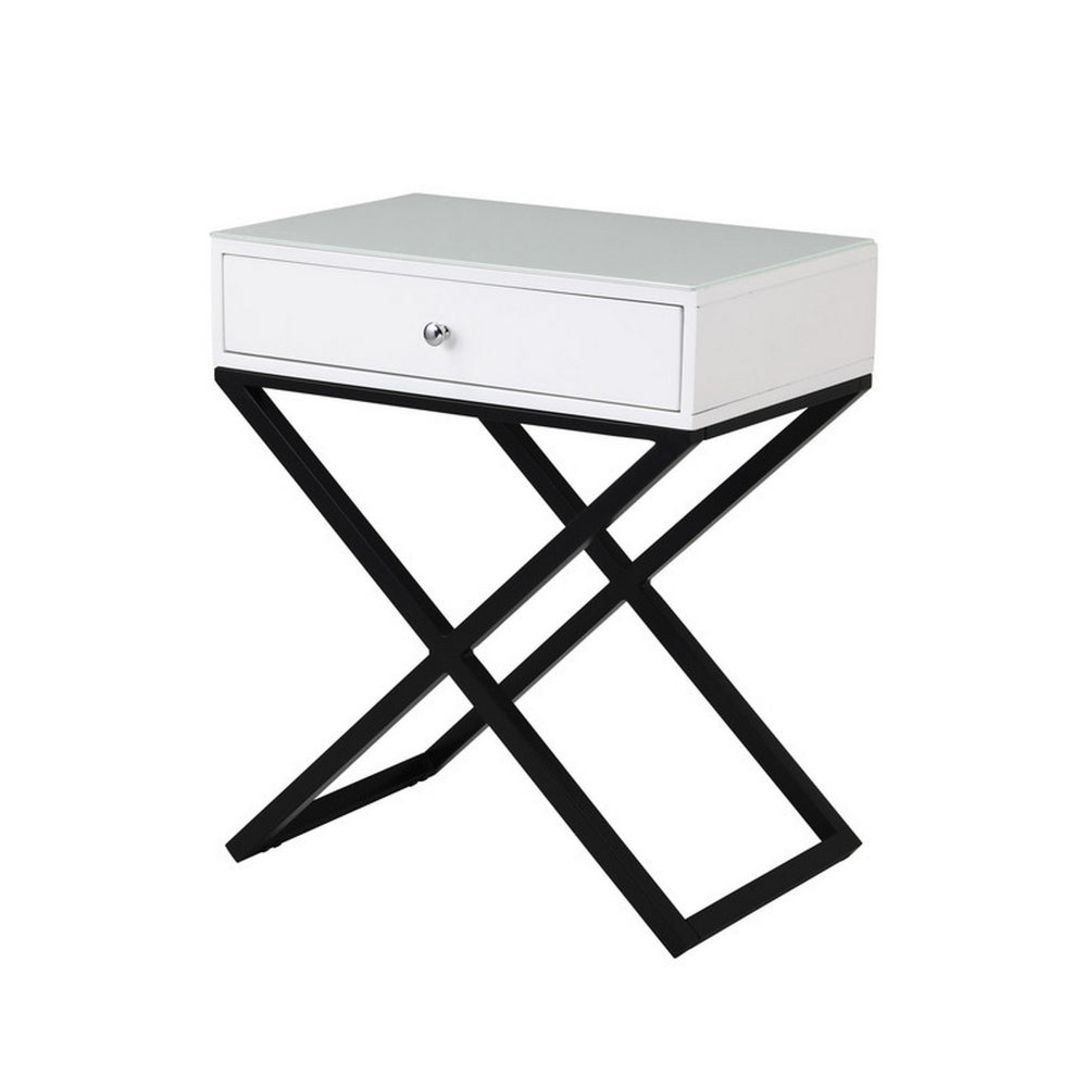 Zeno 27 Inch 1 Drawer Nightstand, Glass Top, Black Metal Cross Legs, White - BM302301