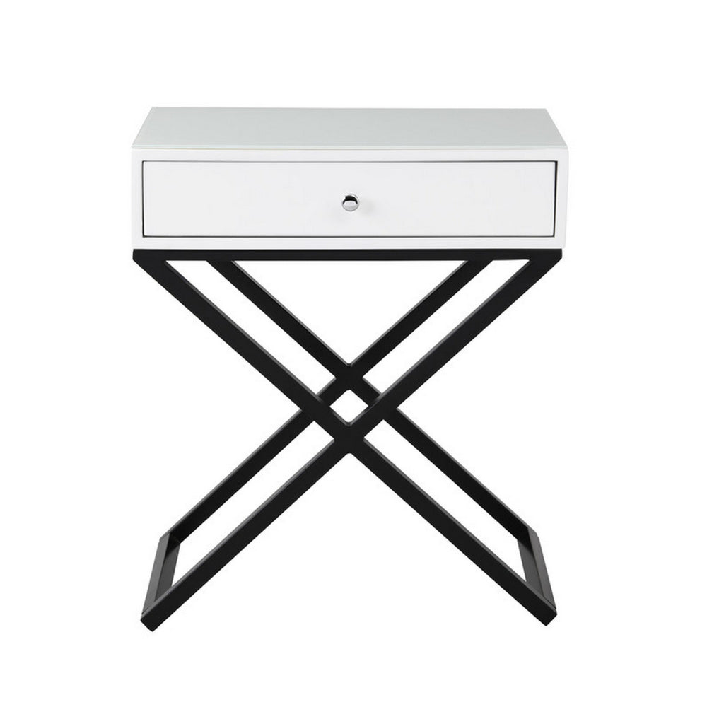 Zeno 27 Inch 1 Drawer Nightstand, Glass Top, Black Metal Cross Legs, White - BM302301