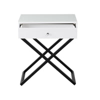 Zeno 27 Inch 1 Drawer Nightstand, Glass Top, Black Metal Cross Legs, White - BM302301