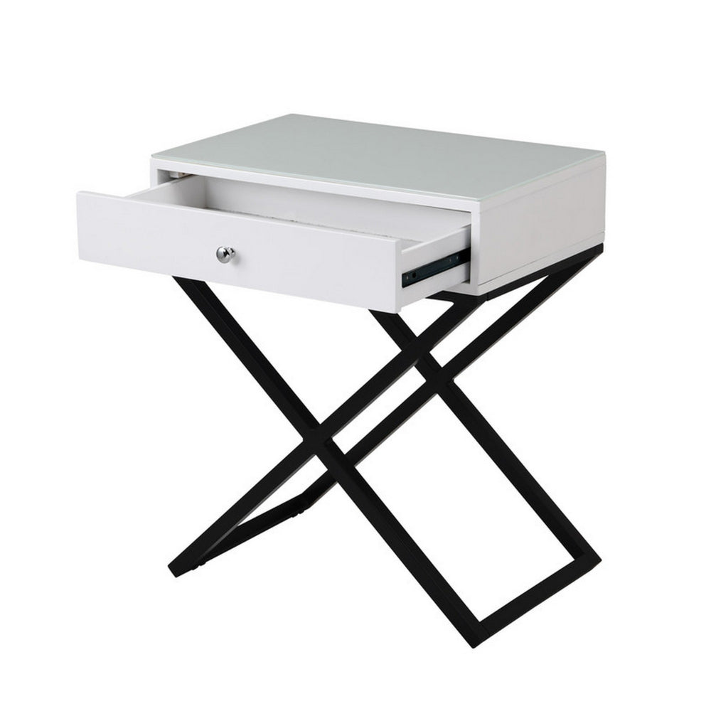 Zeno 27 Inch 1 Drawer Nightstand, Glass Top, Black Metal Cross Legs, White - BM302301