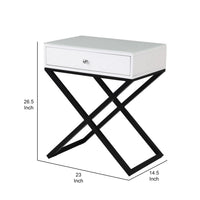 Zeno 27 Inch 1 Drawer Nightstand, Glass Top, Black Metal Cross Legs, White - BM302301