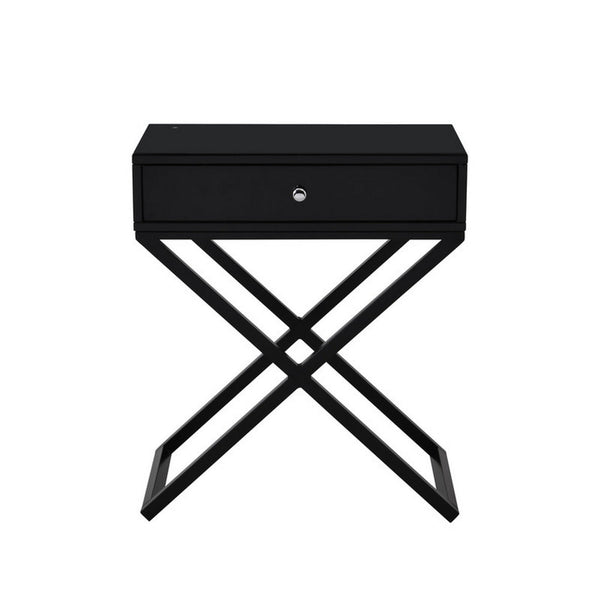 Zeno 27 Inch 1 Drawer Nightstand, Glass Top, Metal Cross Legs, Modern Black - BM302302