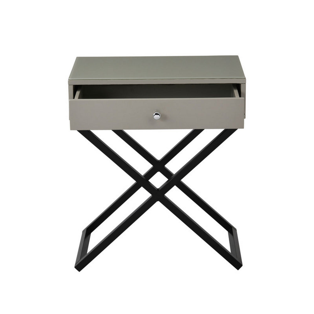 Zeno 27 Inch 1 Drawer Nightstand, Glass Top, Black Metal Cross Legs, Taupe - BM302303