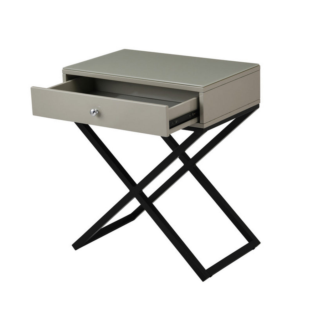 Zeno 27 Inch 1 Drawer Nightstand, Glass Top, Black Metal Cross Legs, Taupe - BM302303