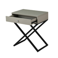 Zeno 27 Inch 1 Drawer Nightstand, Glass Top, Black Metal Cross Legs, Taupe - BM302303