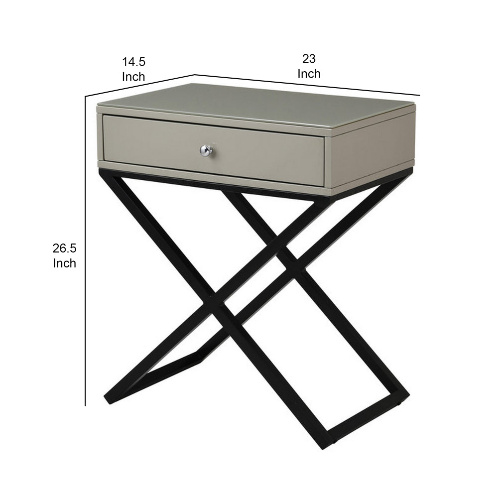 Zeno 27 Inch 1 Drawer Nightstand, Glass Top, Black Metal Cross Legs, Taupe - BM302303