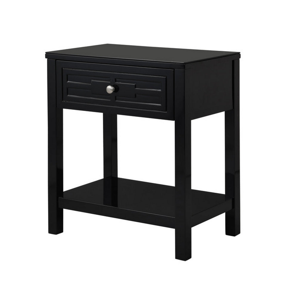 Fimo 27 Inch Nightstand with Drawer and Shelf, Glass Top, Modern Black Wood - BM302305