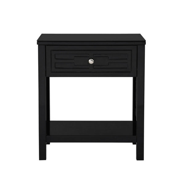 Fimo 27 Inch Nightstand with Drawer and Shelf, Glass Top, Modern Black Wood - BM302305