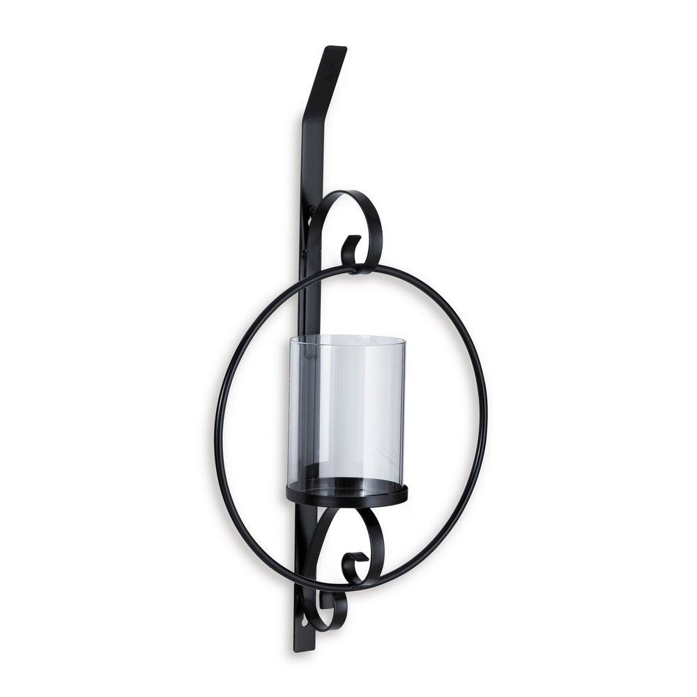 23 Inch Wall Sconce Candle Holder, Glass Hurricane, Keyhole Bracket, Black - BM302383