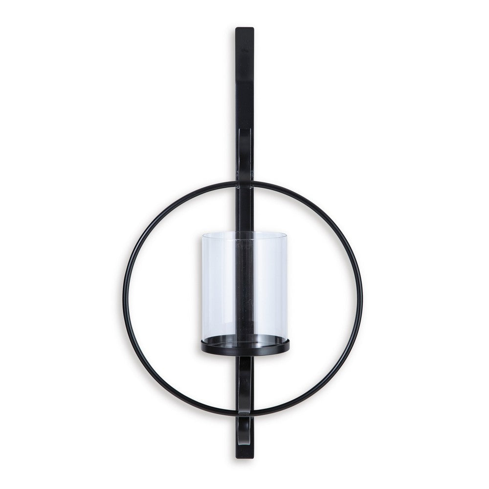 23 Inch Wall Sconce Candle Holder, Glass Hurricane, Keyhole Bracket, Black - BM302383