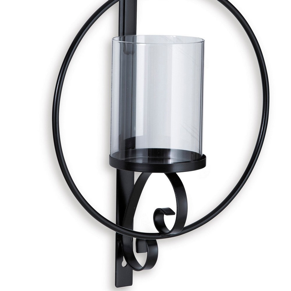 23 Inch Wall Sconce Candle Holder, Glass Hurricane, Keyhole Bracket, Black - BM302383