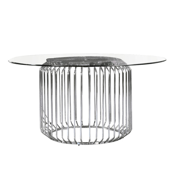 35 Inch Cylindrical Dining Table Base Only, Caged Polished Chrome Metal - BM302419