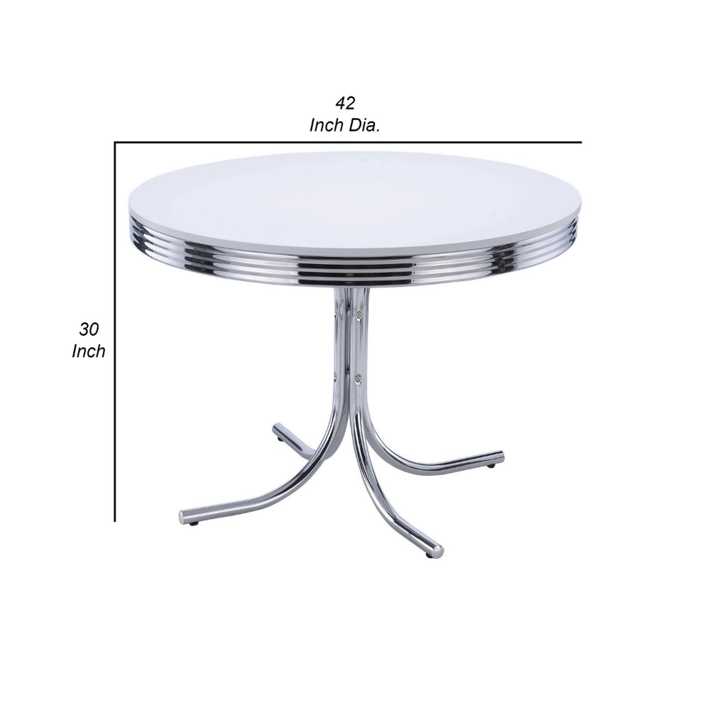 Loy 42 Inch Round Dining Table, Glossy White Wood Top, Ribbed Chrome Apron - BM302428