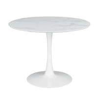 Loxi 40 Inch Round Dining Table, White Faux Marble Top, Tulip Accent Body - BM302429