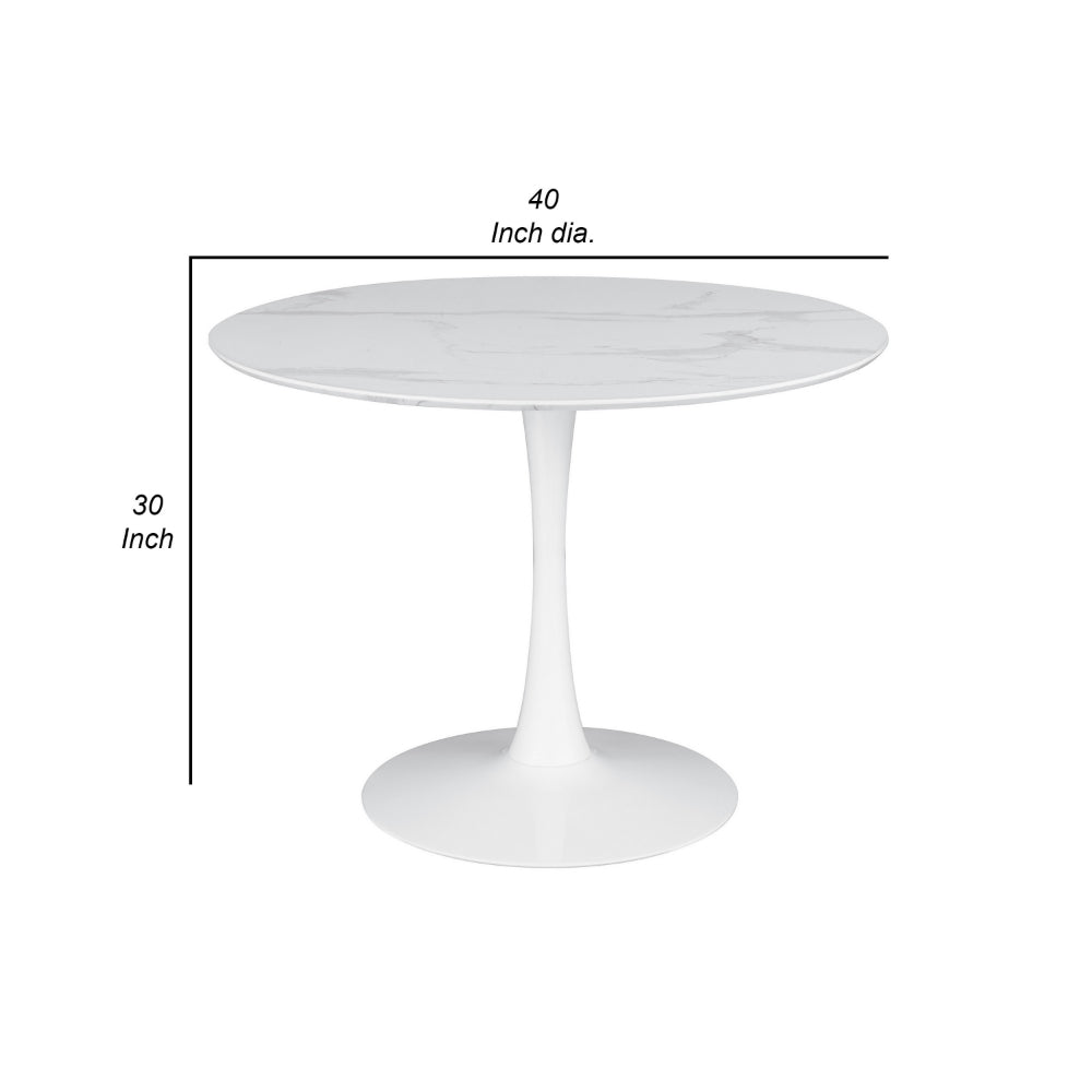 Loxi 40 Inch Round Dining Table, White Faux Marble Top, Tulip Accent Body - BM302429