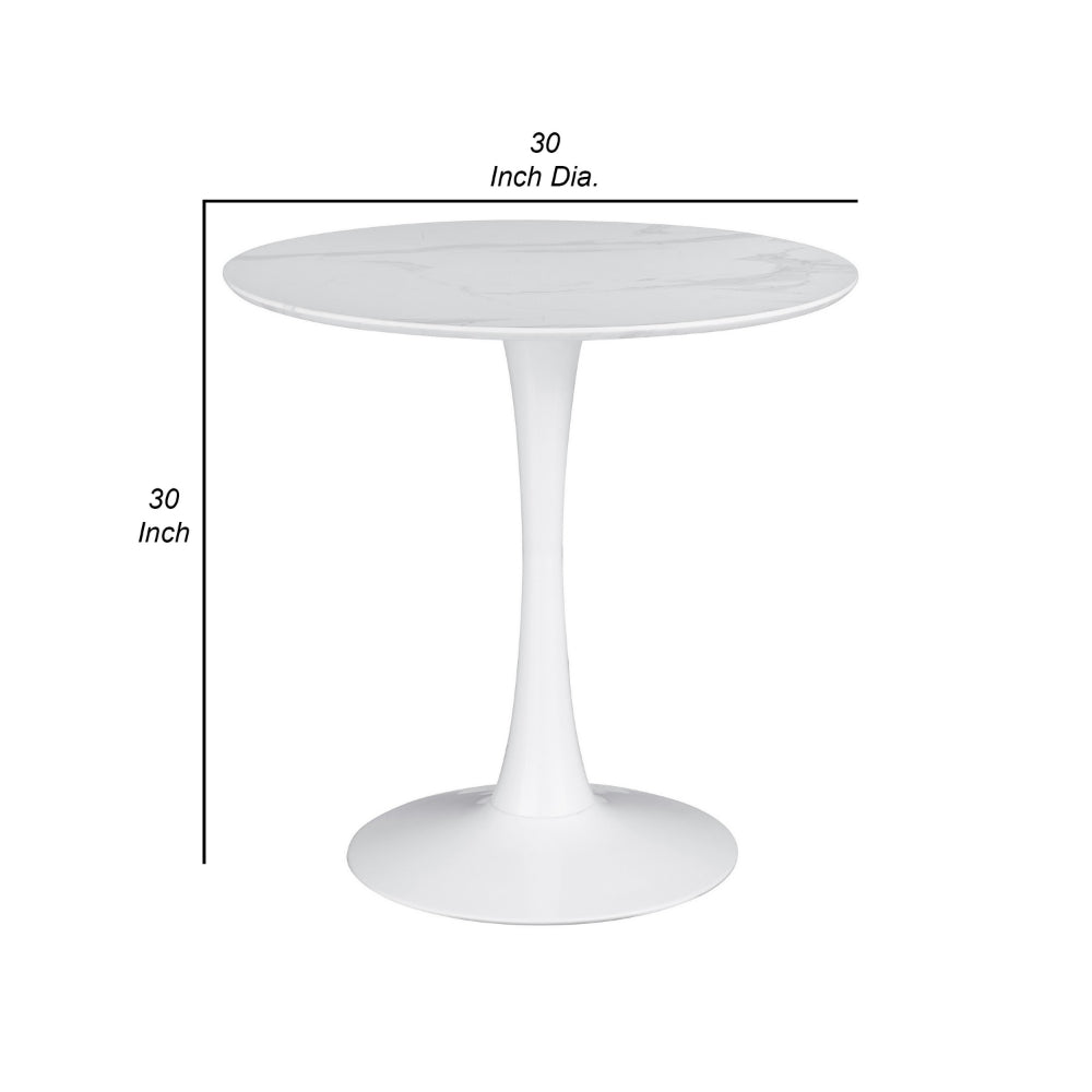 Loxi 30 Inch Round Dining Table, White Faux Marble Top, Tulip Accent Body - BM302430