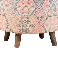 18 Inch Bohemian Style Wood Accent Stool with Multicolor Woven Upholstery - BM302459
