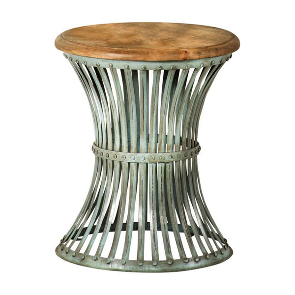 24 Inch Wood Round Accent Table with Hourglass Metal Base, Distressed Blue  - BM302464