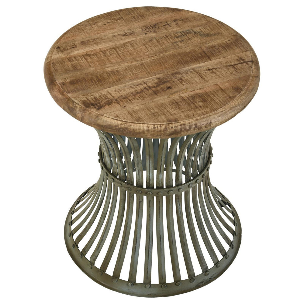 24 Inch Wood Round Accent Table with Hourglass Metal Base, Distressed Blue  - BM302464