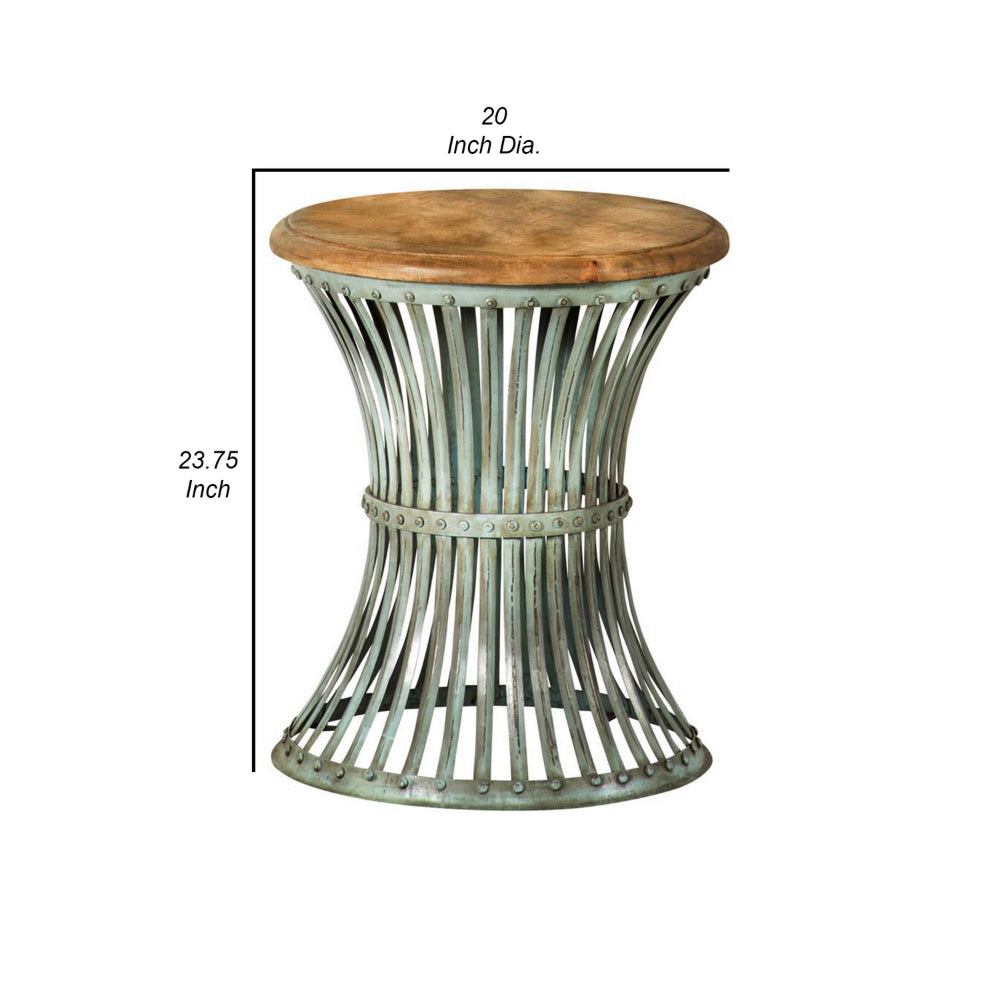 24 Inch Wood Round Accent Table with Hourglass Metal Base, Distressed Blue  - BM302464