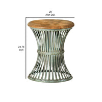 24 Inch Wood Round Accent Table with Hourglass Metal Base, Distressed Blue  - BM302464