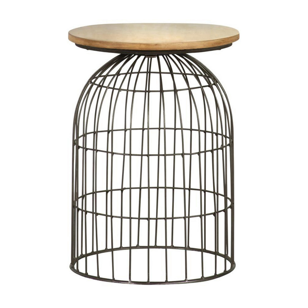 21 Inch Round Accent Table with Bird Cage Style Base, Beige Marble, Black - BM302466