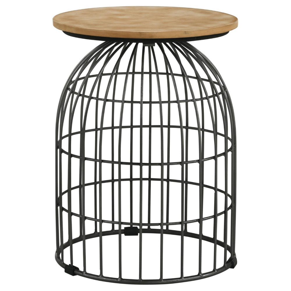 21 Inch Round Accent Table with Bird Cage Style Base, Beige Marble, Black - BM302466