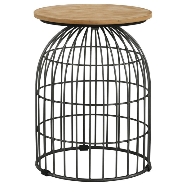 21 Inch Round Accent Table with Bird Cage Style Base, Beige Marble, Black - BM302466