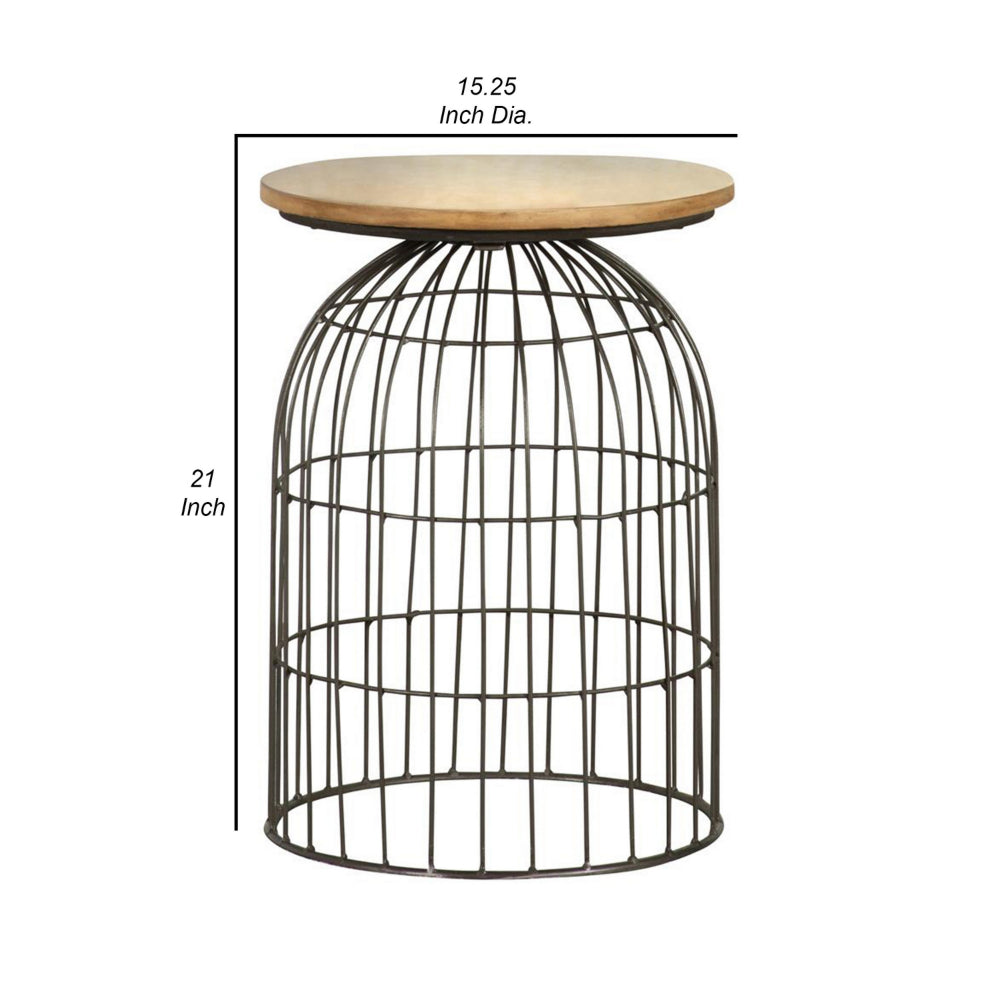 21 Inch Round Accent Table with Bird Cage Style Base, Beige Marble, Black - BM302466