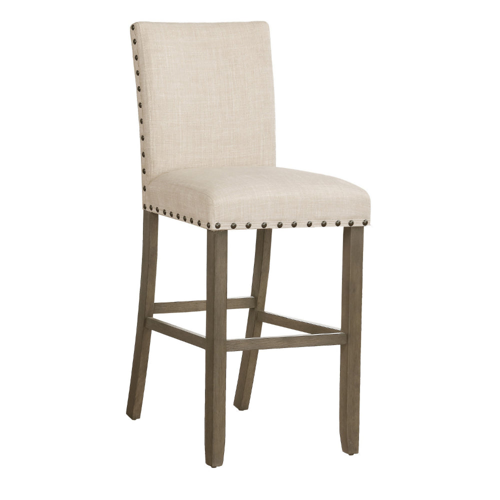 Lok 30 Inch Wood Barstool, Set of 2, Nailhead Trim, Padded Seating, Beige - BM302479