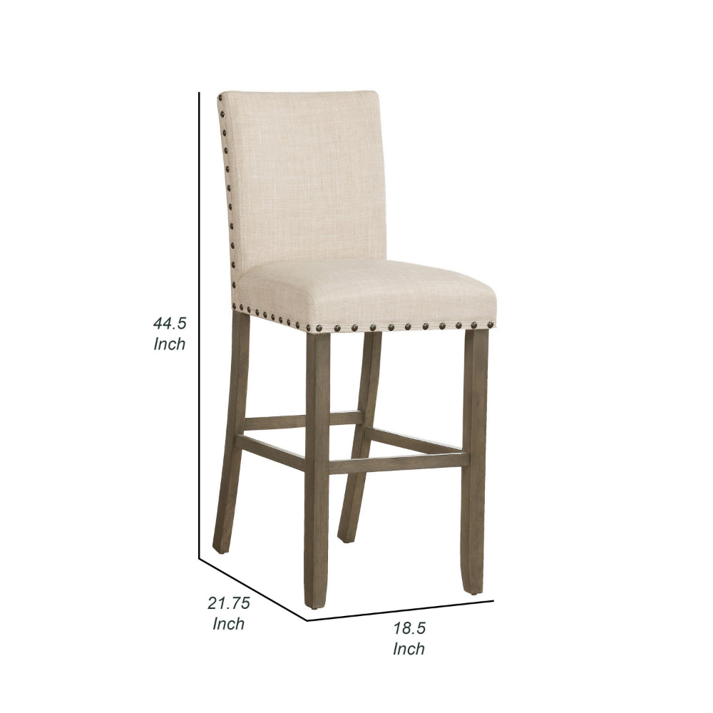 Lok 30 Inch Wood Barstool, Set of 2, Nailhead Trim, Padded Seating, Beige - BM302479