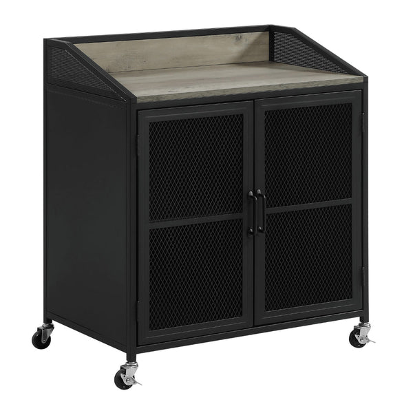 34 Inch Bar Cabinet On Wheels, Wire Mesh Doors, Wood Grain Details, Black - BM302490