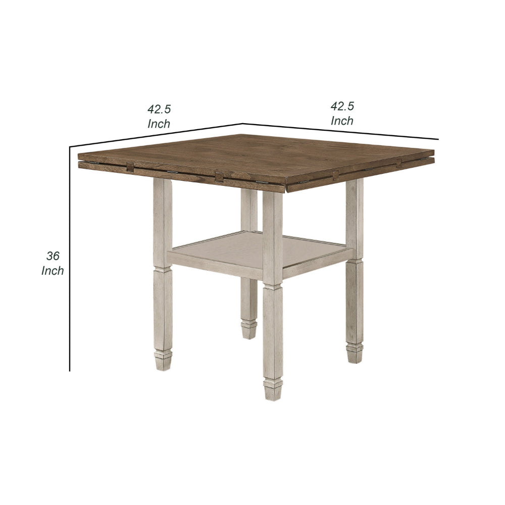 52-60 Inch Counter Height Table, Open Bottom Shelf, 4 Drop Leaves, Brown  - BM302496