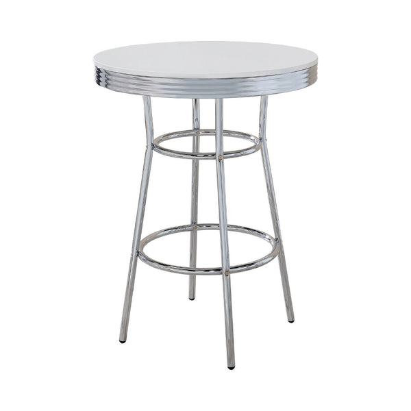 42 Inch Round Bar Table, Ribbed Apron, Glossy White Lacquer, Retro Style - BM302502