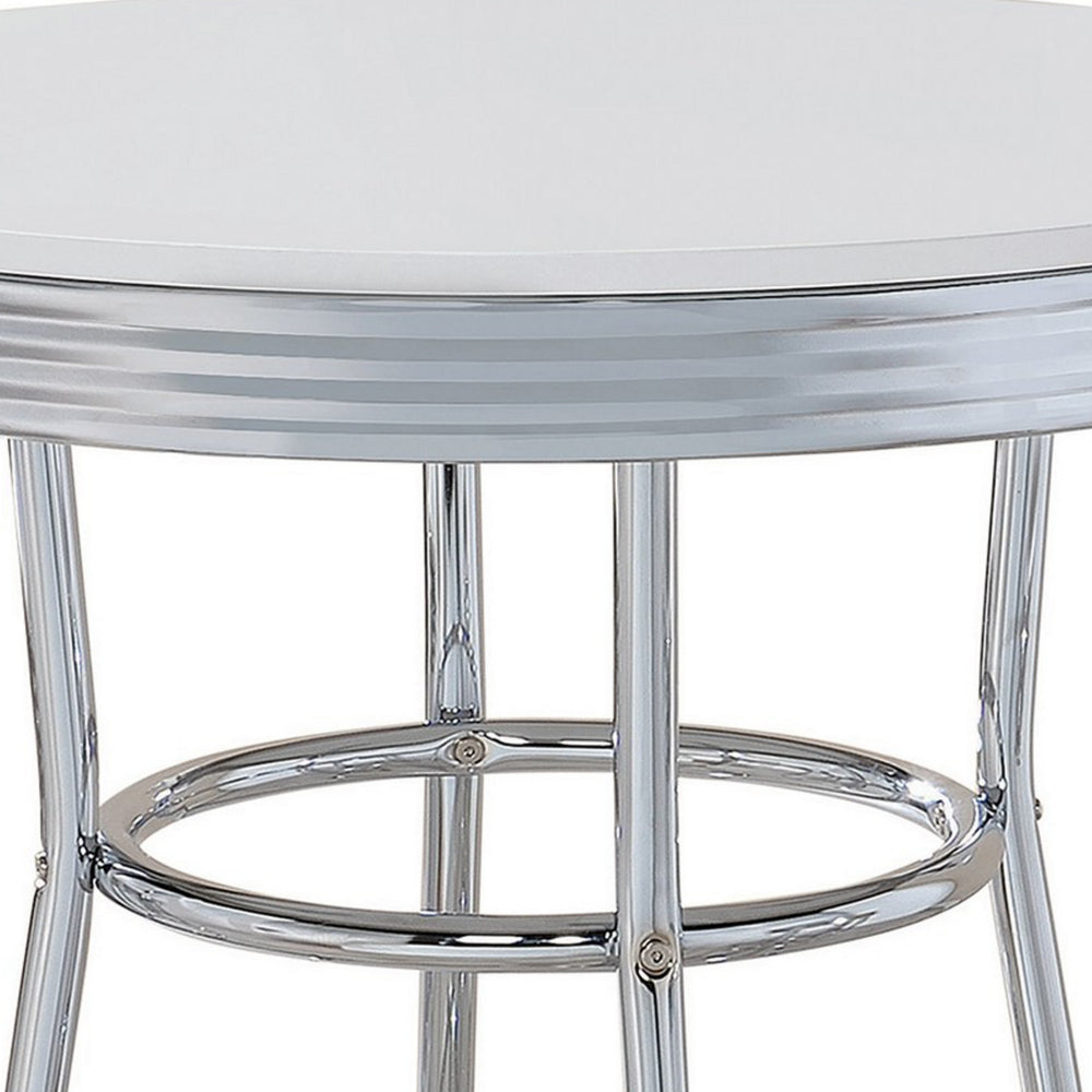 42 Inch Round Bar Table, Ribbed Apron, Glossy White Lacquer, Retro Style - BM302502