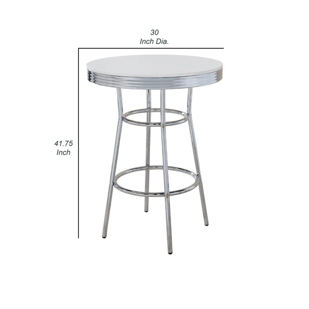 42 Inch Round Bar Table, Ribbed Apron, Glossy White Lacquer, Retro Style - BM302502