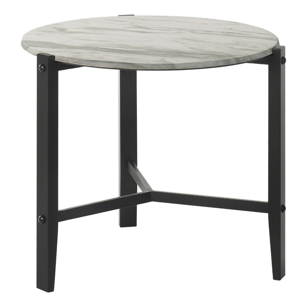 Zuko 24 Inch Round End Table, White Faux Marble Design, Black Legs - BM302511