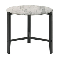 Zuko 24 Inch Round End Table, White Faux Marble Design, Black Legs - BM302511