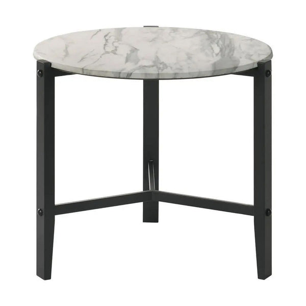 Zuko 24 Inch Round End Table, White Faux Marble Design, Black Legs - BM302511