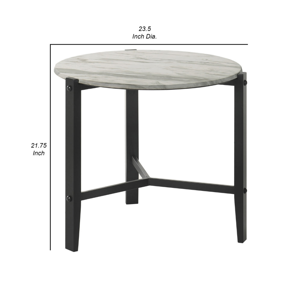 Zuko 24 Inch Round End Table, White Faux Marble Design, Black Legs - BM302511