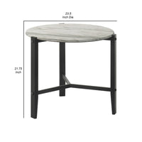 Zuko 24 Inch Round End Table, White Faux Marble Design, Black Legs - BM302511