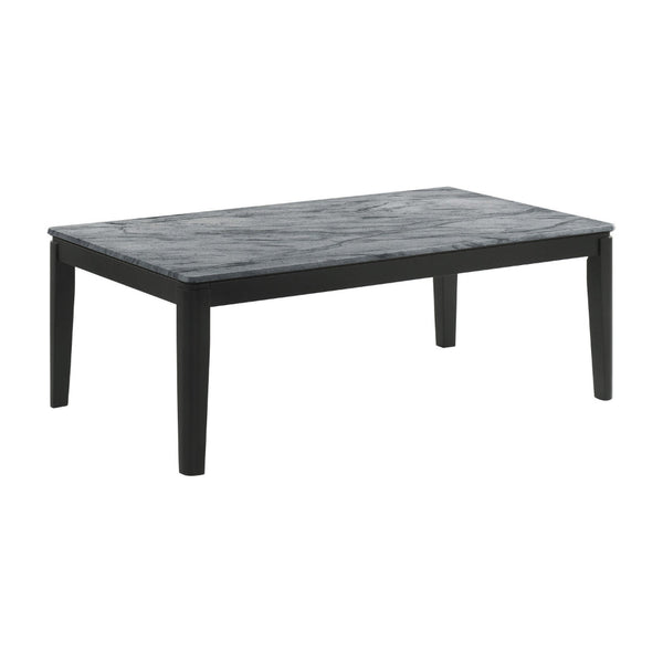 Kyo 47 Inch Coffee Table, Gray Faux Marble Top, Sandy Texturing, Black Legs - BM302514