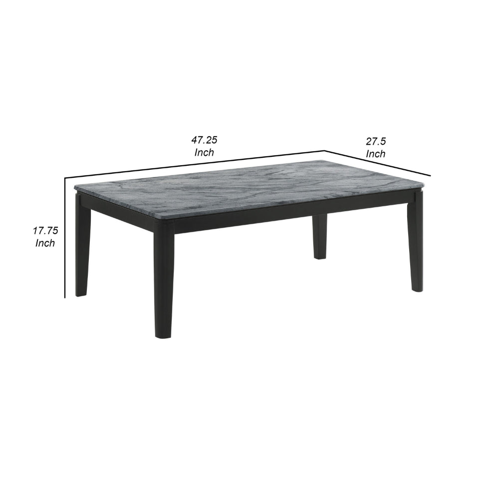 Kyo 47 Inch Coffee Table, Gray Faux Marble Top, Sandy Texturing, Black Legs - BM302514