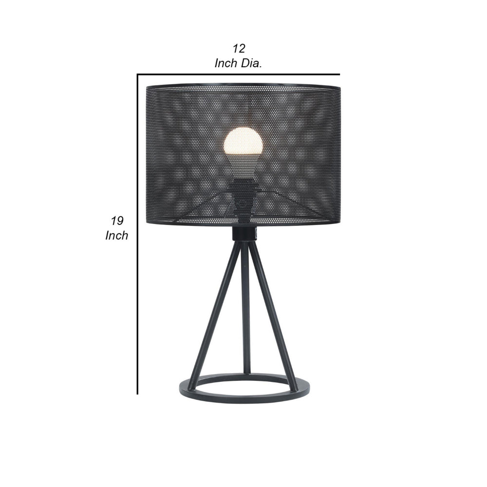 19 Inch Table Lamp, Metal Mesh Drum Shade, Tripod Style Base, Matte Black - BM302520