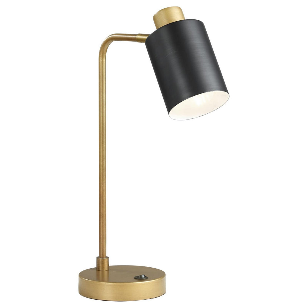 18 Inch Metal Table Lamp, Matte Black Cylindrical Shade, Antique Brass Base - BM302522