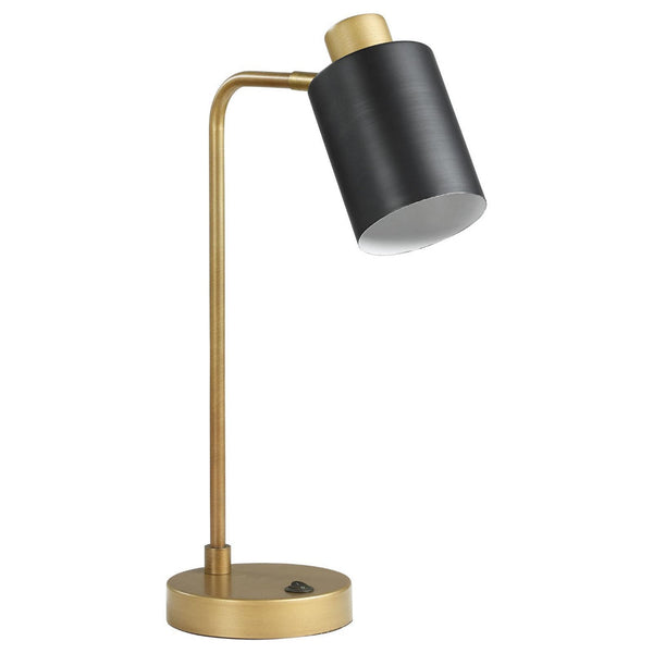18 Inch Metal Table Lamp, Matte Black Cylindrical Shade, Antique Brass Base - BM302522