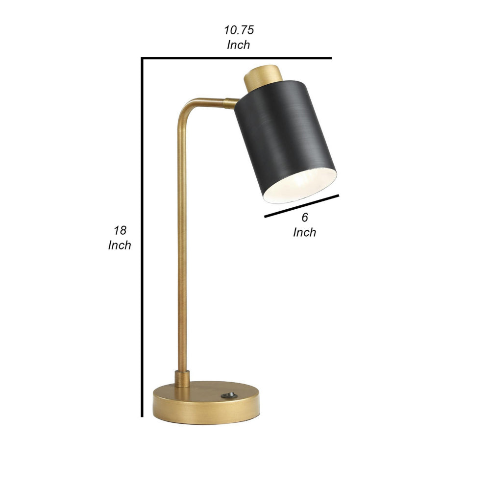 18 Inch Metal Table Lamp, Matte Black Cylindrical Shade, Antique Brass Base - BM302522